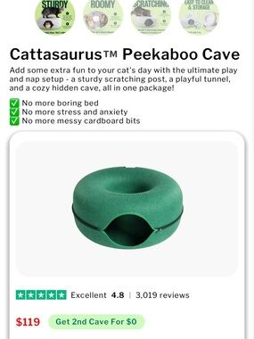 Cattasaurus Peekaboo Cave Cat Bed - Green